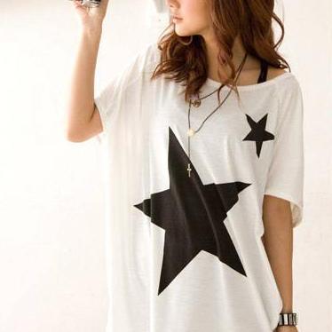 Star Pattern Loose Cotton Short Sleeve T-shirt