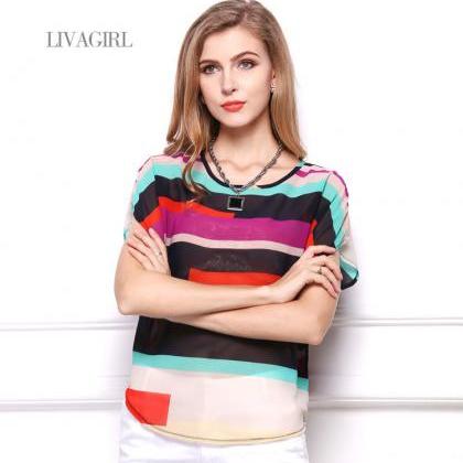 Chromatic Stripe Rainbow Loose Irregular T-shirt
