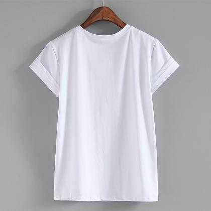 White Round Collar T Shirt With Rose And Letter..