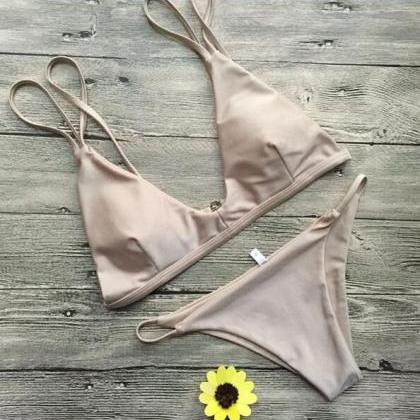 Sexy Pure Color V-neck Two Pieces Swimwear Bikini