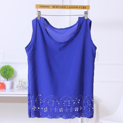 Pure Color Round Collar Hollow Out Chiffon T-shirt