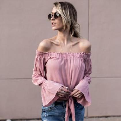 Pure Color Off Shoulder Loose The Horn Sleeve..