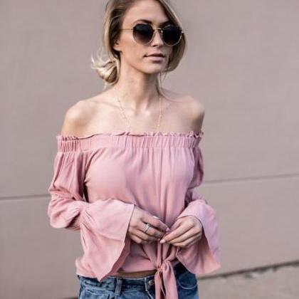 Pure Color Off Shoulder Loose The Horn Sleeve..