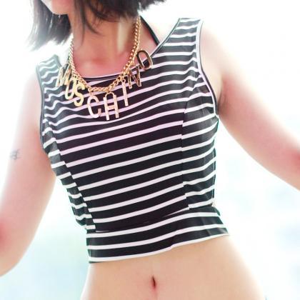 Black And White Striped Backless Crop Top With..
