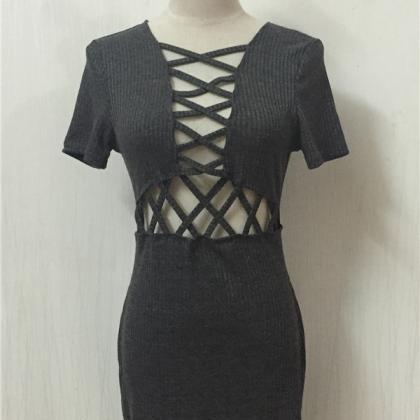 Pure Color Sexy Hollow Out Cross Strap Bodycon..