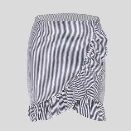 Black White Striped Frilled Short Pencil Skirt