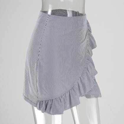 Black White Striped Frilled Short Pencil Skirt