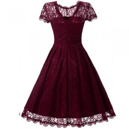 Lace Short Sleeves Splicing Pleated Single Button..