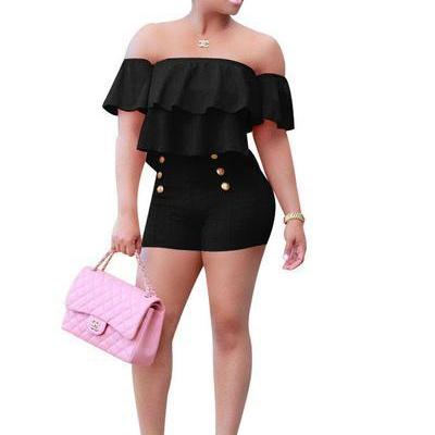 Pure Color Ruffles Strapless Short Sleeves Short..