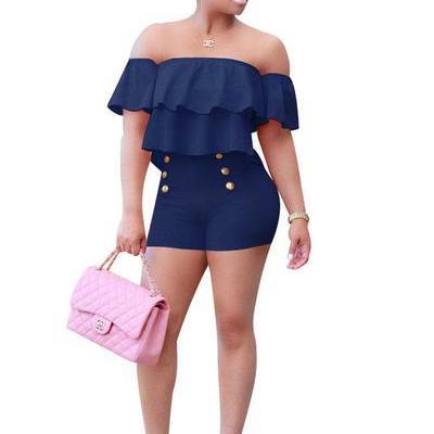 Pure Color Ruffles Strapless Short Sleeves Short..