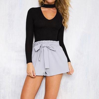 Pure Color Sweetheart High Neck Long Sleeves Short..