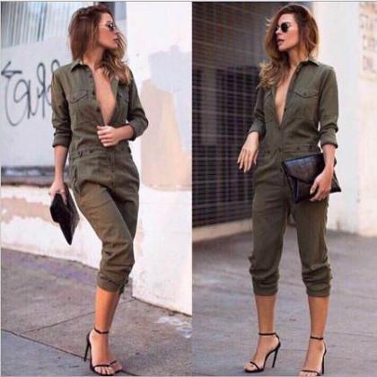 Pure Color Button V-neck Long Sleeves Knee-length..
