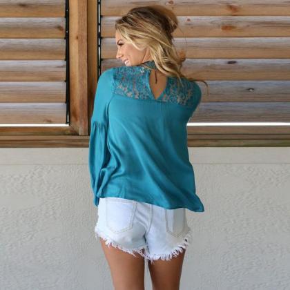 High Neck Cut Out Lace Patchwork Long Sleeves..