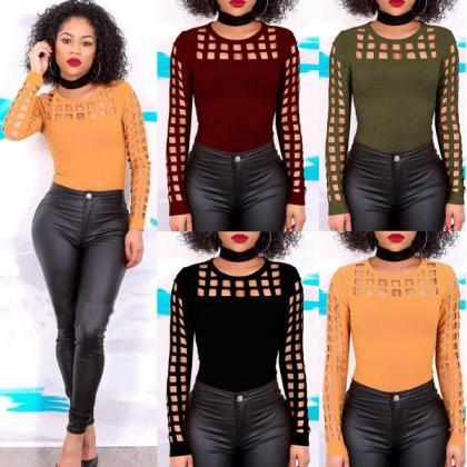 Scoop Pure Color Cut Out Hole Long Sleeves T-shirt