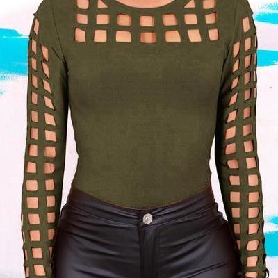 Scoop Pure Color Cut Out Hole Long Sleeves T-shirt