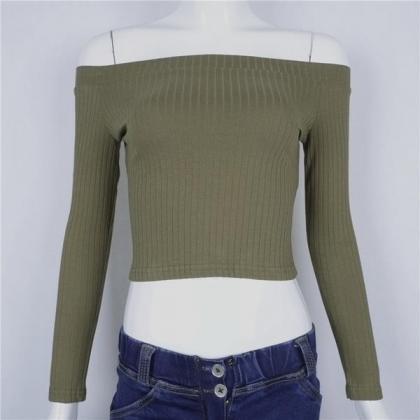 Ribbed Knit Off-the-shoulder Long Sleeves Crop Top