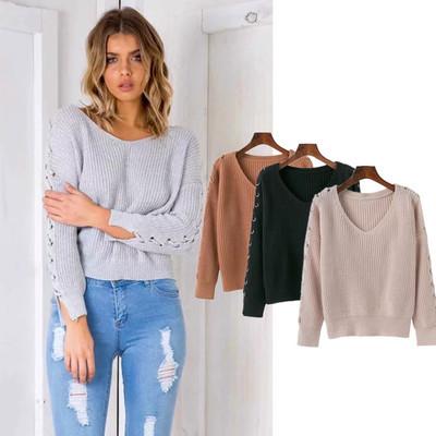 Long Sleeves V-neck Straps Pure Color Sweater