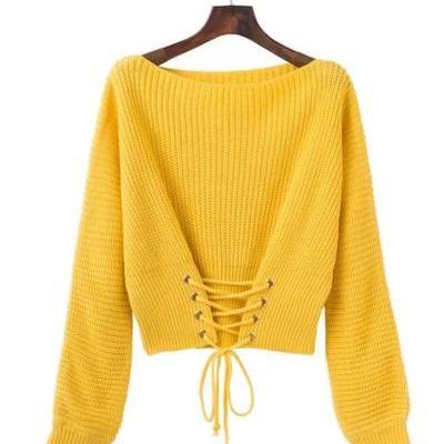 Lace-up Corset Knitted Long Cuffed Sleeves Sweater..