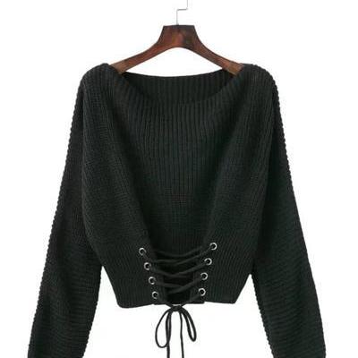 Lace-up Corset Knitted Long Cuffed Sleeves Sweater..
