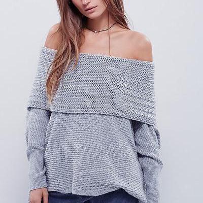 Off Shoulder Pure Color Long Sleeves Long Sweater