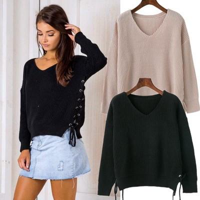 Knitted Plunge V Long Sleeves Sweater Featuring..