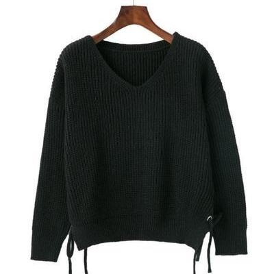 Knitted Plunge V Long Sleeves Sweater Featuring..