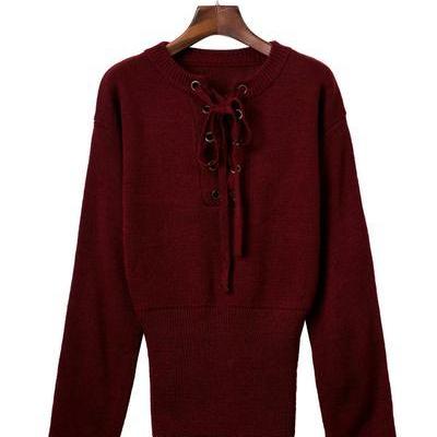 Pure Color Long Sleeves Straps V-neck Sweater