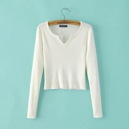 Pure Color V-neck Long Sleeves Short Sweater