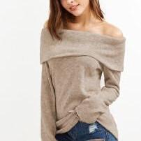 Pure Color Long Sleeves Off Shoulder Sweater