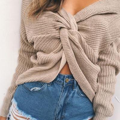 V-neck Pure Color Long Sleeves Knit Wear Sweater