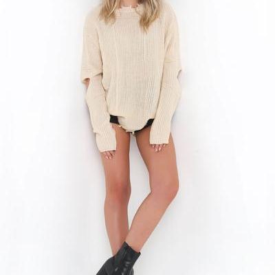Loose Pure Color Hole Long Sleeves Scoop Sweater