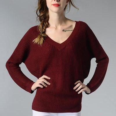 V-neck Pure Color Long Sleeves Loose Knit Pullover..