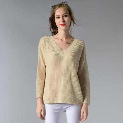 V-neck Pure Color Long Sleeves Loose Knit Pullover..