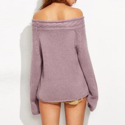 Off Shoulder Cables Loose Pure Color Sweater
