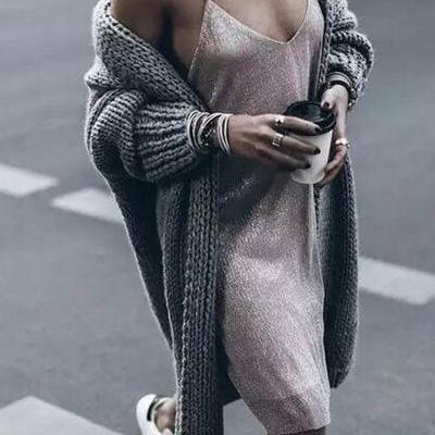 Pure Color Long Sleeves V-neck Long Open Cardigan