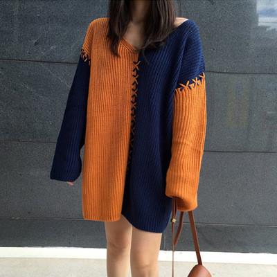 Color Block V-neck Long Sleeves Loose Pullover..