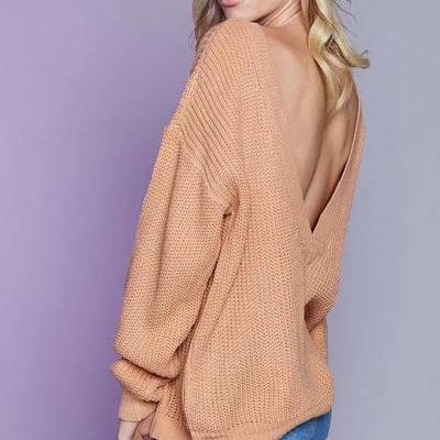 Long Sleeves Backless Pure Color Scoop Loose..
