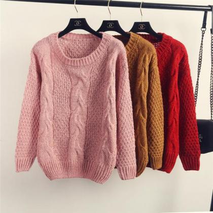 Pure Color Cable Knit Wear Long Sleeves Scoop..