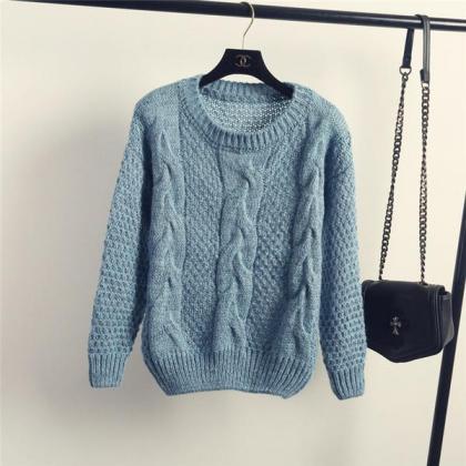 Pure Color Cable Knit Wear Long Sleeves Scoop..