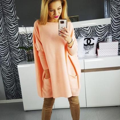 Long Sleeves Pure Color Scoop Long Loose Sweater