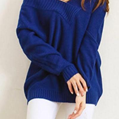Long Sleeves Pure Color Off Shoulder Loose Sweater