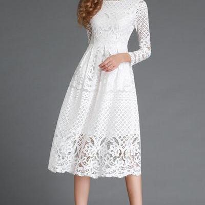Pure Color Long Sleeves Lace Tee-length Party..