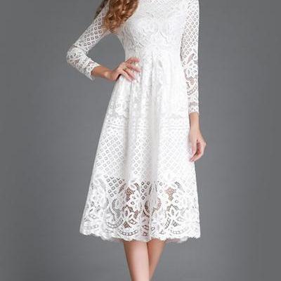 Pure Color Long Sleeves Lace Tee-length Party..