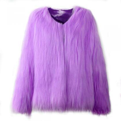 Pure Color Long Sleeve Round Collar Faux Fur Short..