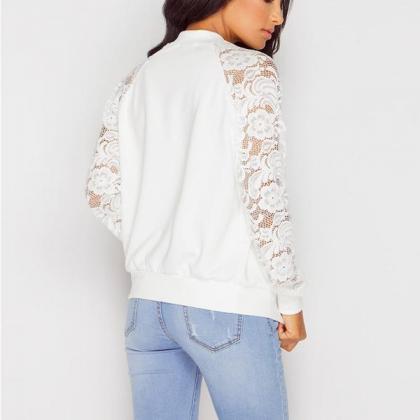 Long Sleeves Pure Color Lace Patchwork Round..