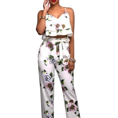 Flower Print Ruffles Vest With Skinny Pants Two..