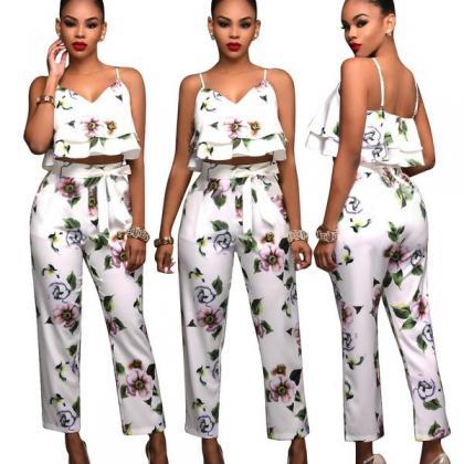 Flower Print Ruffles Vest With Skinny Pants Two..