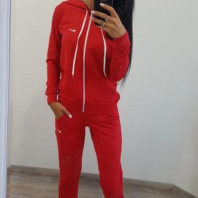 Pure Color Sports Hoodie With Pants Two Pieces Set