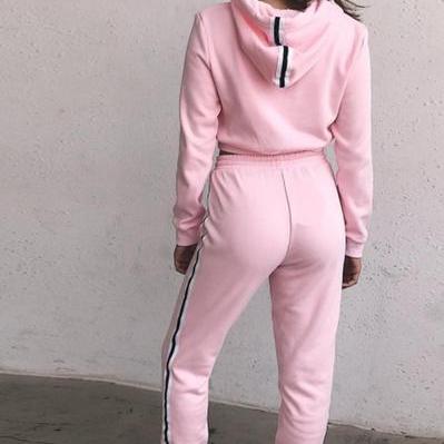 Pure Color Straps Hoodie With Pants Two Pieces Set