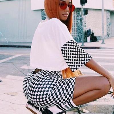 Print Plaid Loose T-shirt With Shorts Two Pieces..